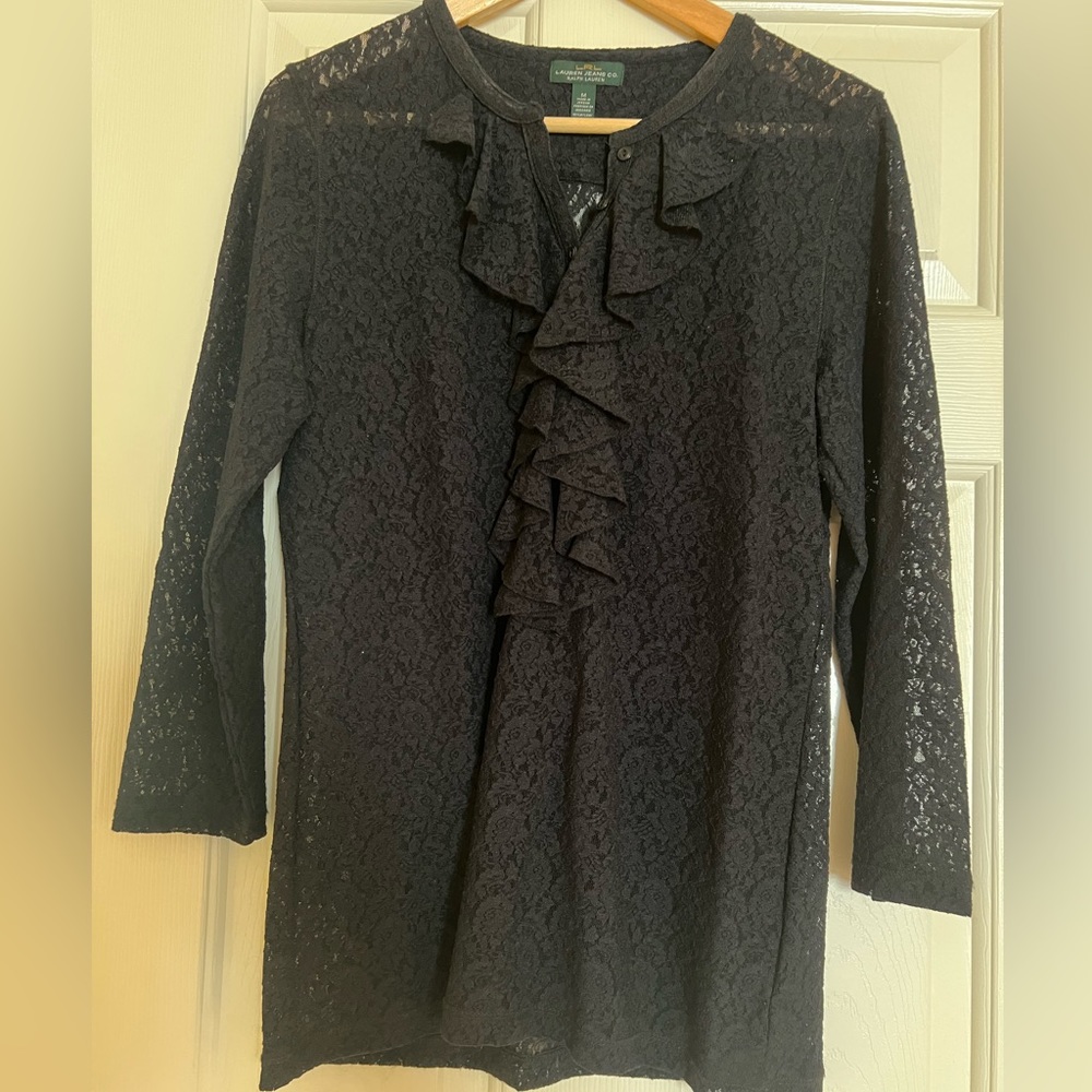 LRL Ralph Lauren Black Lace Blouse with Ruffles Size M